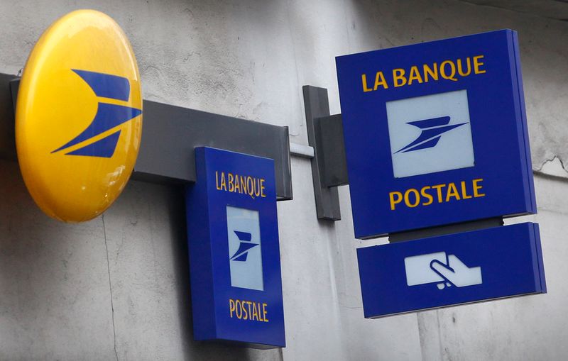 Signs for La Banque Postale are seen outside a Post