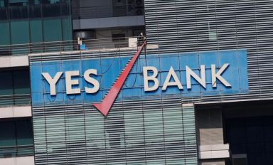 The logo of Yes Bank is pictured on the facade