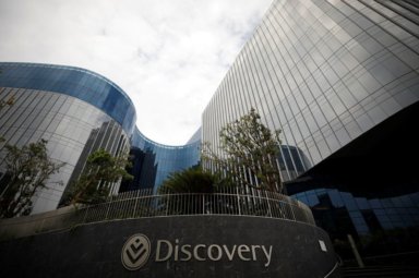 The logo of South Africa’s Discovery group in seen on