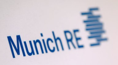 Company logo of German reinsurer Munich Re is seen before