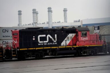 Trains are seen in the yard at the CN Rail