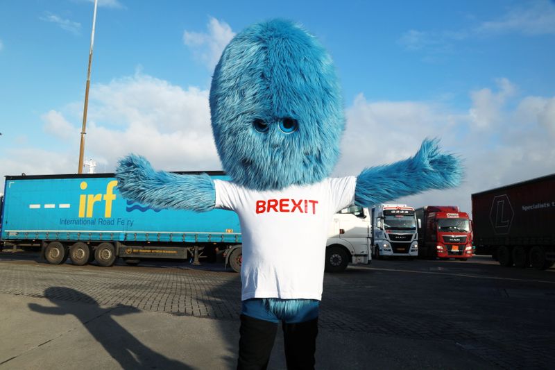 A blue furry monster known as the ‘Brexit Monster’ makes