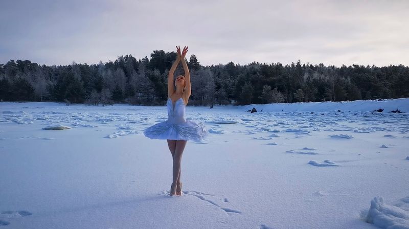 Ballet dancer Ilmira Bagautdinova performs on the ice of frozen