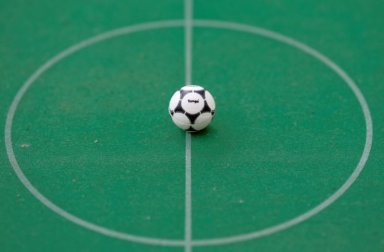 Close-up of a subbuteo soccer ball is seen in Rome