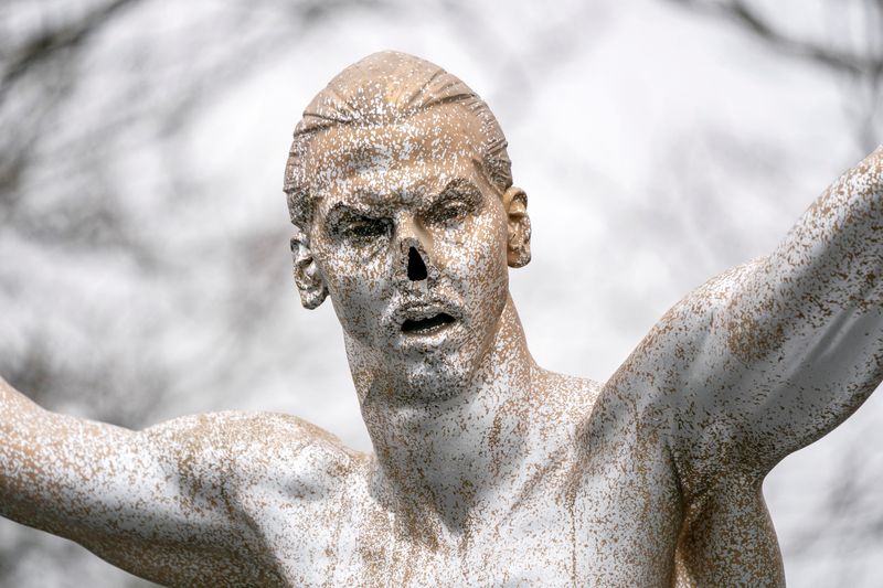 FILE PHOTO: Vandalized Zlatan Ibrahimovic statue is seen in Malmo