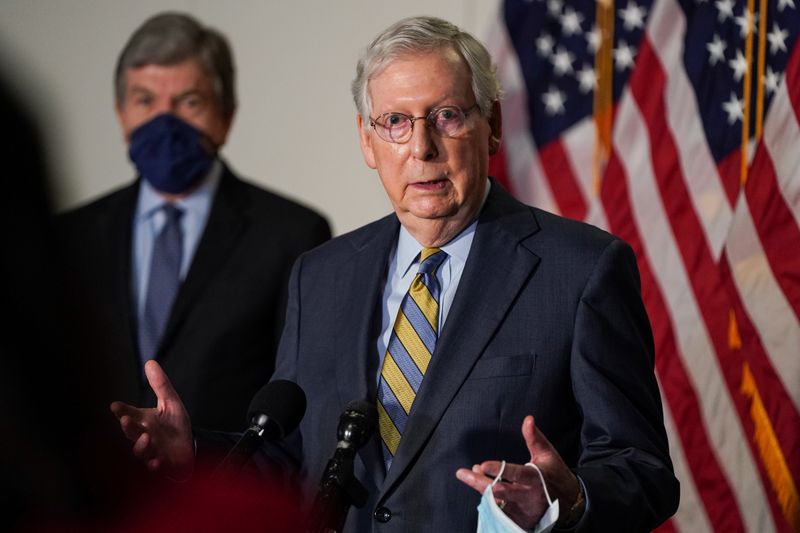 Senate Majority Leader Mitch McConnell (R-KY) speaks to the media