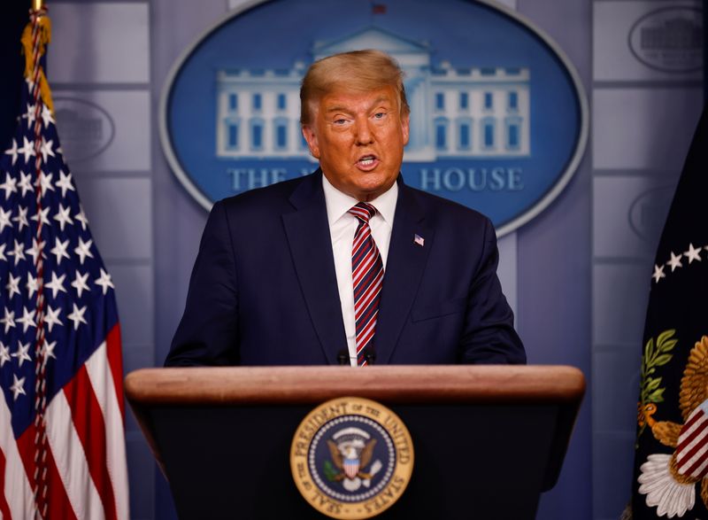 U.S. President Trump speaks to reporters about the 2020 presidential