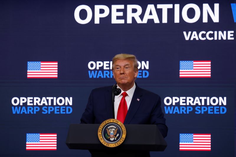 U.S. President Donald Trump delivers remarks at an Operation Warp