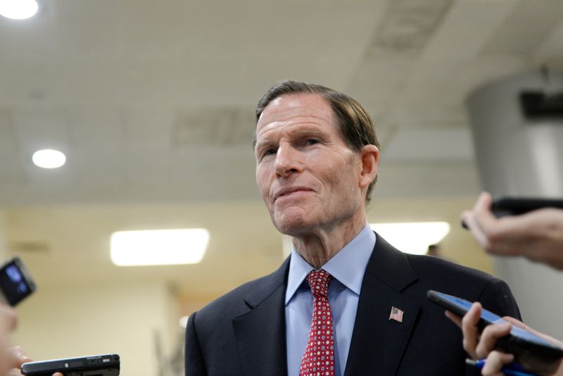Senator Blumenthal speaks to reporters in the U.S. Capitol subway