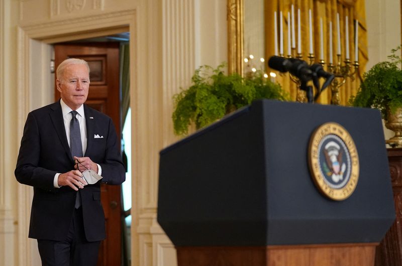 U.S. President Biden arrives to speak about situation in Russia