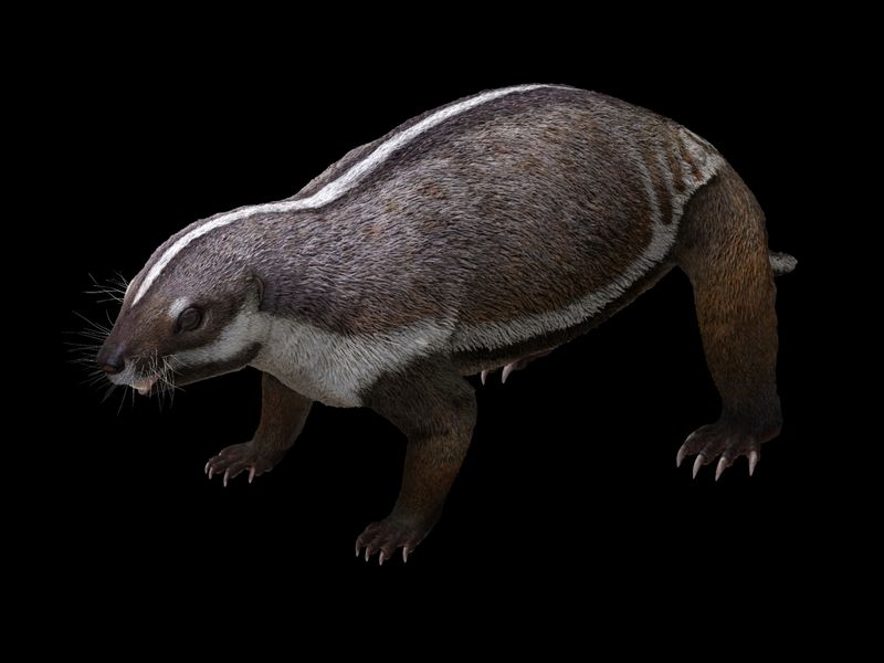 Life-like reconstruction of the opossum-sized mammal Adalatherium hui that lived