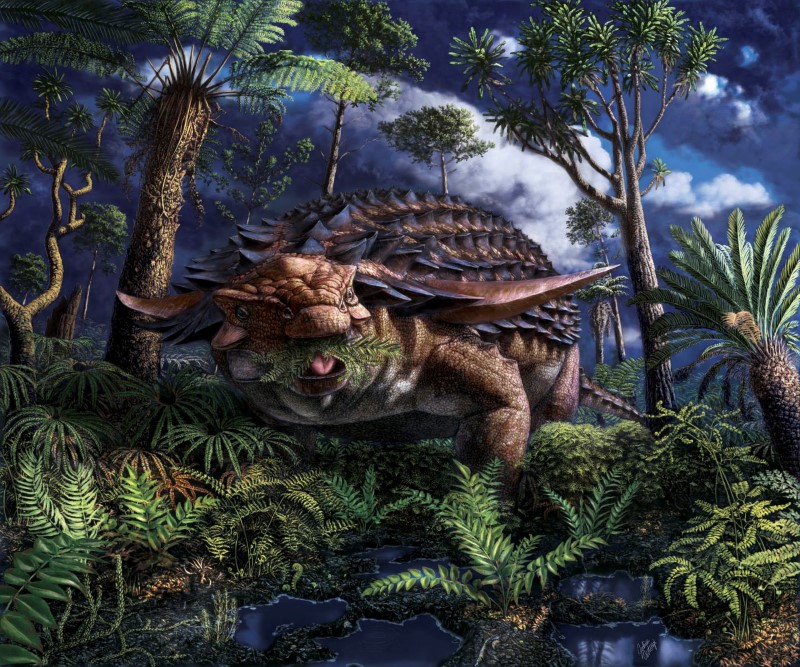 The Cretaceous Period armored dinosaur Borealopelta markmitchelli eats ferns
