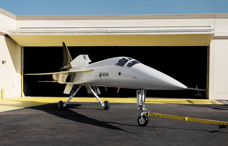 Boom Supersonic’s demonstrator aircraft XB-1 is seen parked at a