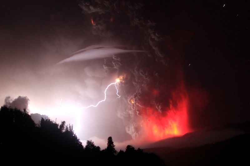 FILE PHOTO: Lightning bolts strike around the Puyehue-Cordon Caulle volcanic