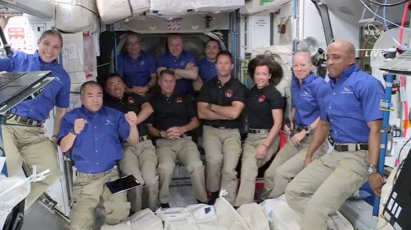 Crew 2 is welcomed by Crew 1 aboard the International