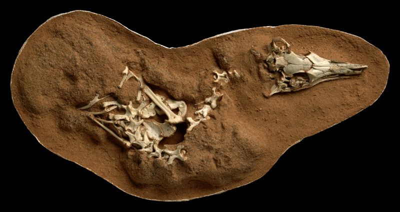 The fossilized skeleton of the small bird-like dinosaur Shuvuuia deserti