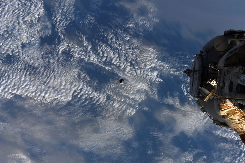 The Soyuz MS-21 spacecraft carrying Russian cosmonauts is seen during