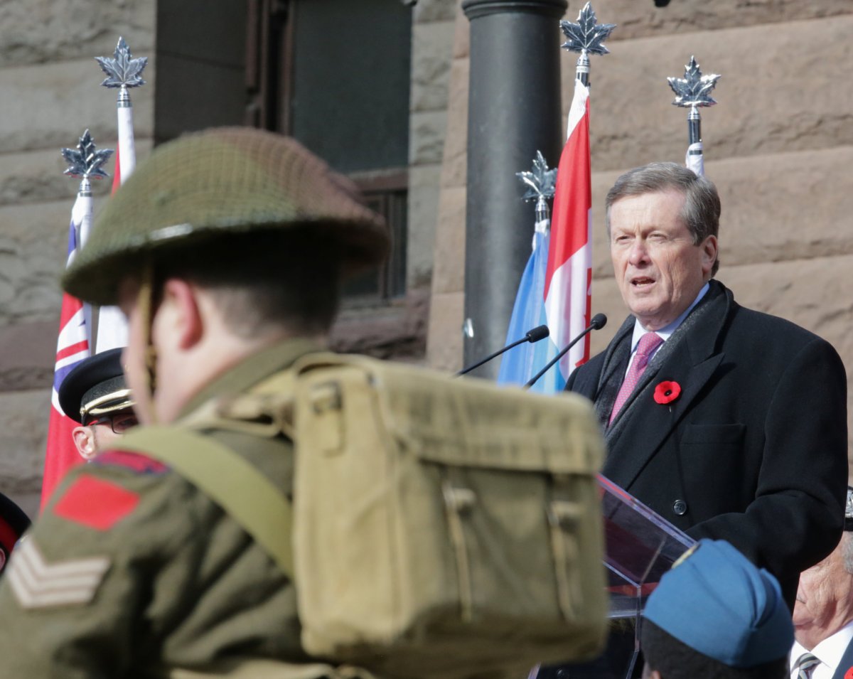 Toronto Mayor John Tory speaks during a ceremony to mark