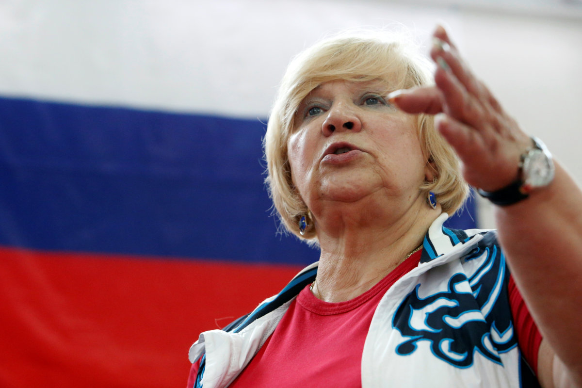 Coach of gymnastics Russian Olympic team Rodionenko attends training session