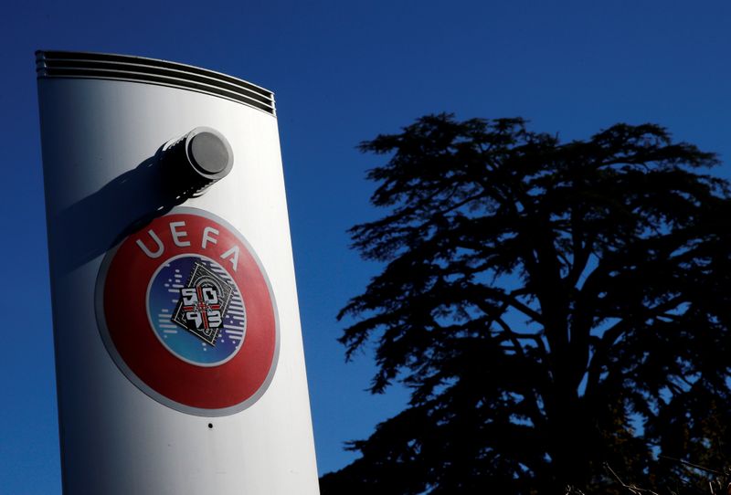 FILE PHOTO: A logo is pictured outside the UEFA in
