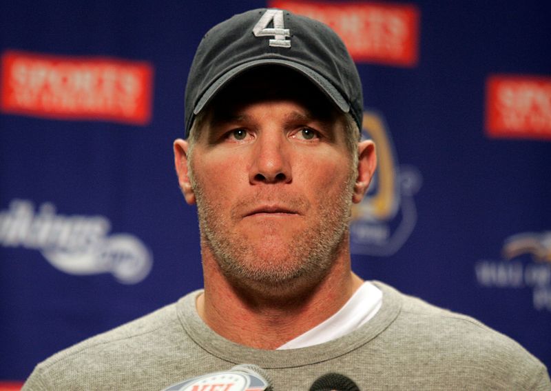 Minnesota Vikings quarterback Brett Favre talks to the media following