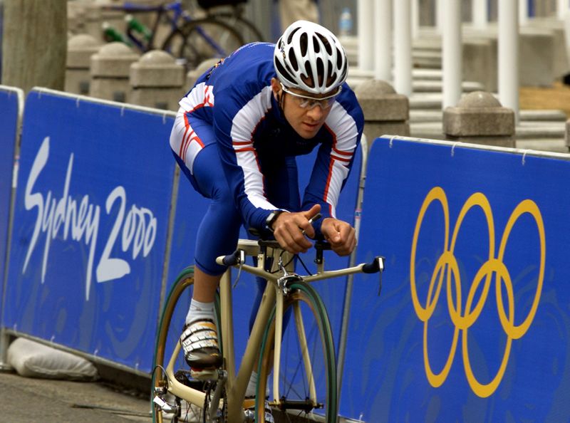 BRITISH CYCLIST CHRIS BOARDMAN TRAINS ON THE OLYMPIC ROAD RACE