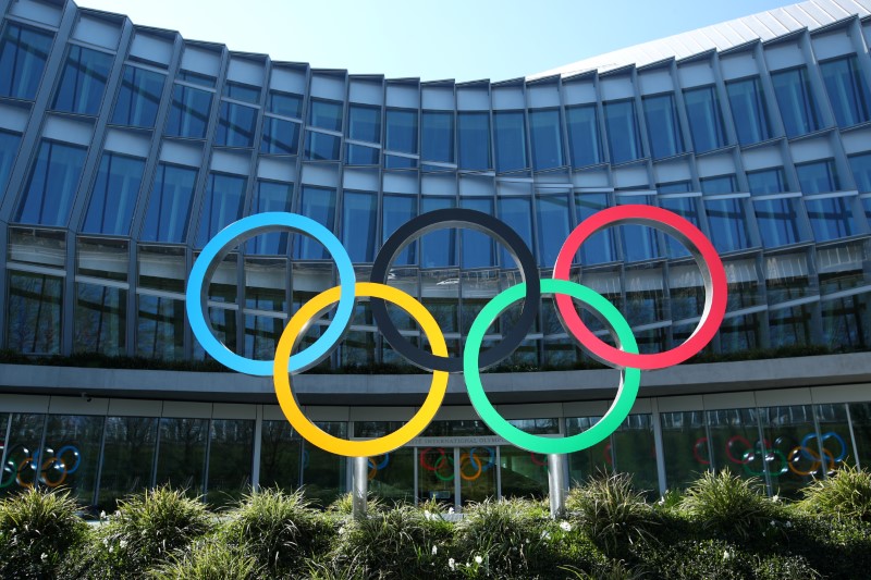 The Olympic rings are pictured in front of the International
