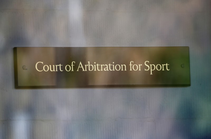 A signboard is pictured at the Court of Arbirtration for