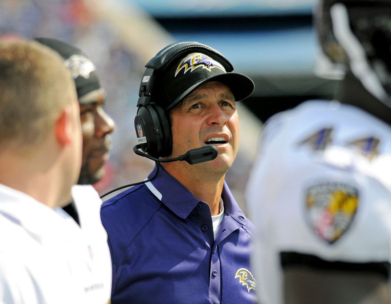 FILE PHOTO:  Ravens’ Harbaugh reacts on the sidelines during