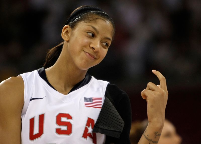 Candace Parker of the U.S. gestures to a team mate