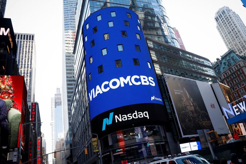 The ViacomCBS logo is displayed on the Nasdaq MarketSite to