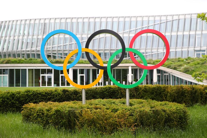 The Olympic rings are pictured in front of the IOC