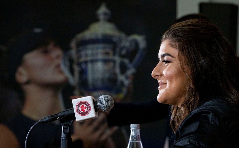 FILE PHOTO: Canadian Bianca Andreescu speaks with the news media