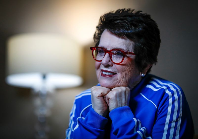 Billy Jean King is seen during an interview behind the