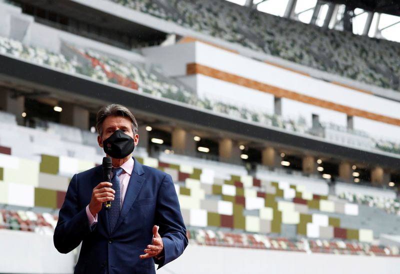 FILE PHOTO: World Athletics President Sebastian Coe wearing a protective