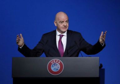 FILE PHOTO: FIFA President Gianni Infantino gestures during a UEFA
