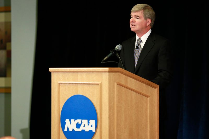 NCAA President Emmert speaks during news conference at NCAA headquarters