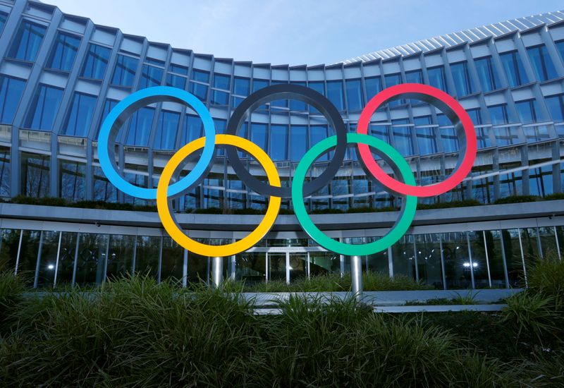 The Olympic rings are pictured in front of the International