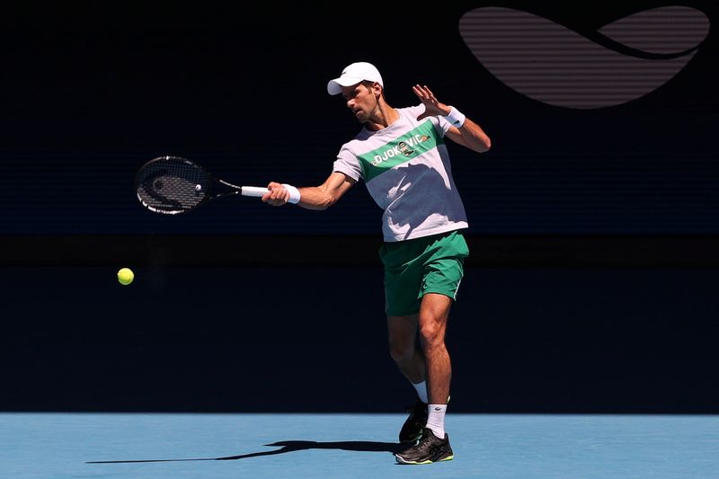 Serbia’s Novak Djokovic practices at Melbourne Park in Melbourne