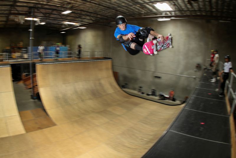Professional skateboarder Hawk rides his ramp in California