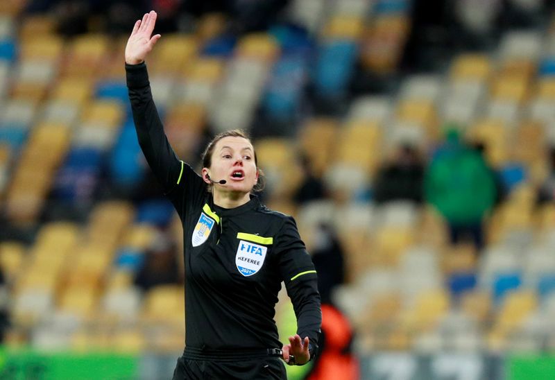Referee Monzul gestures during a match of the Ukrainian Premier
