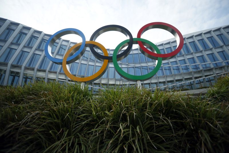 The Olympic rings are pictured in front of the IOC
