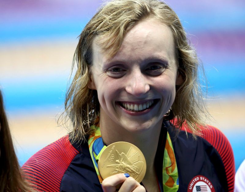 FILE PHOTO: Katie Ledecky (USA) poses with her Olympic 800m