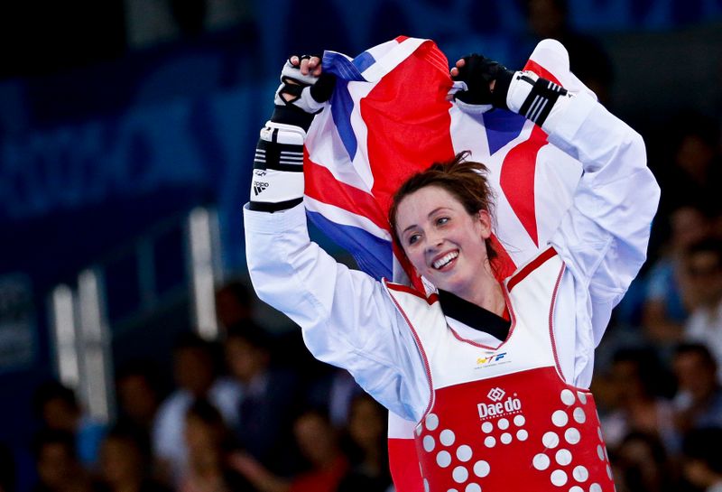 Jones of Britain reacts after winning her women’s 57Kg taekwondo