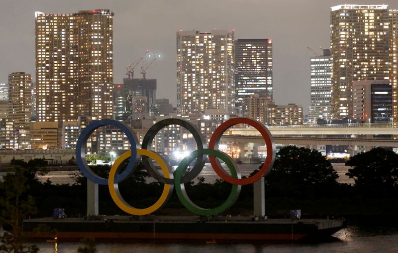 The Olympic Rings installed on a floating platform are seen