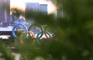 The Olympic Rings are photographed ahead of the Tokyo 2020