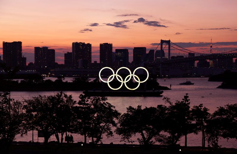 The Olympic Rings are photographed ahead of the Tokyo 2020