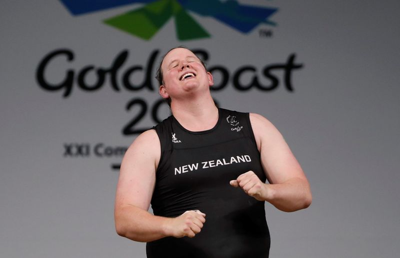 FILE PHOTO: Laurel Hubbard of New Zealand reacts at Gold