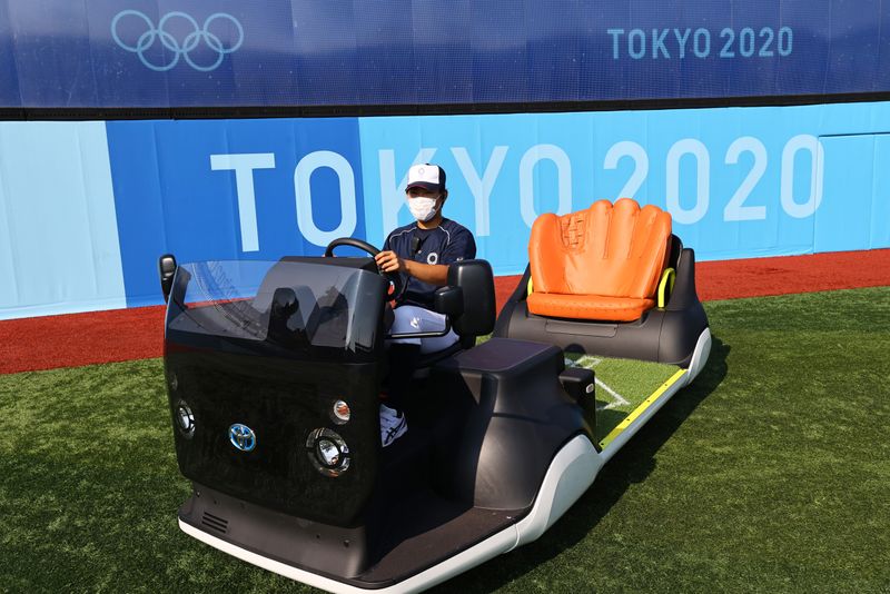 The bullpen cart is seen at Yokohama Baseball Stadium during