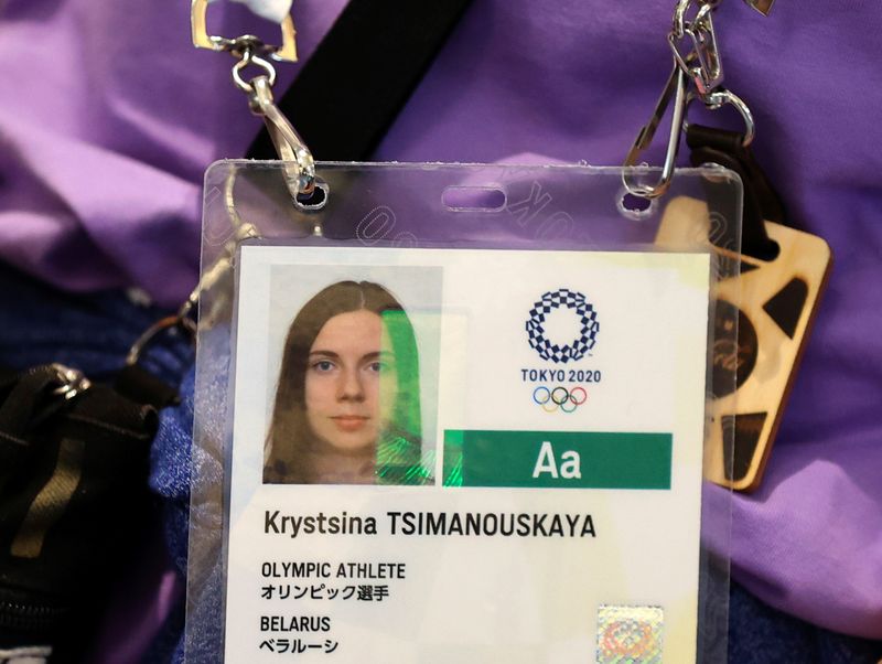 Accreditation card of Belarusian sprinter Krystsina Tsimanouskaya is seen at